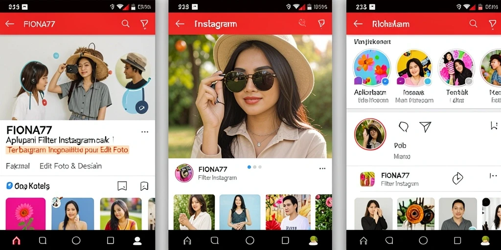 Antarmuka pengguna FIONA77 dengan filter Instagram yang menarik.