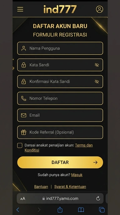 Tampilan halaman daftar ind777